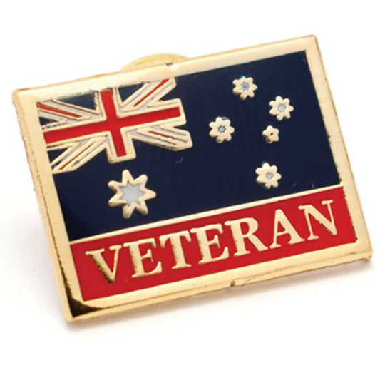 Honour service with this beautiful Army Veteran Flag Badge. A wonderful lapel pin for veterans, this gold-plated lapel pin with full-colour enamel features the word 'Veteran' along the bottom. Add this sensational badge to your lapel or collection today.  Specifications:  Materials: Gold-plated zinc alloy, full-colour enamel overlay Colours: Gold, blue, red Size: Approx. 25mm www.defenceqstore.com.au