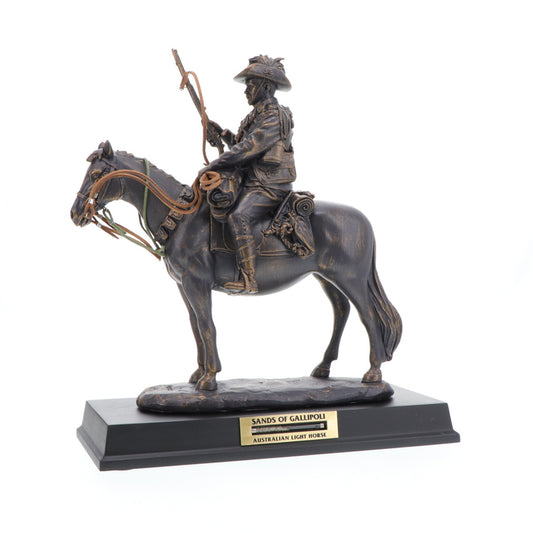 The exceptional Sands of Gallipoli release Light Horse Limited Edition Figurine has been a collectors favourite. The cold cast bronze figurine proudly remembers the Australian Light Horse and the place of these men and horses in our national heritage. The figurine is approximately 310mm high and features a glass vial of authentic Gallipoli sand set into the base and the production is limited to 5000 units. www.defenceqstore.com.au