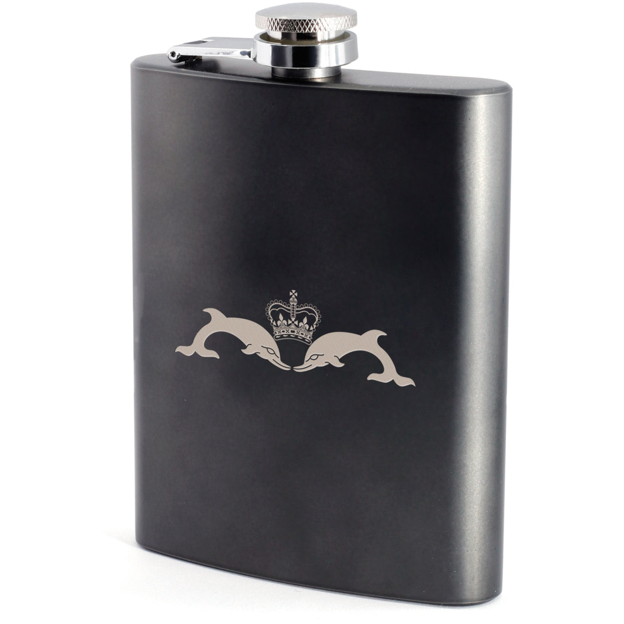 Submariners crest engraved on a stylish hip flask. This classic hip flask is the perfect gift for any occasion. Stylishly presented in a lined silver box with a display window cut out on the front.