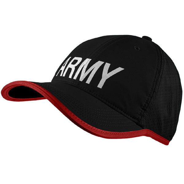 Army branded peak cap with red trim and Rising Sun badge. One-size-fits-all with hook-and-loop fastener at rear.