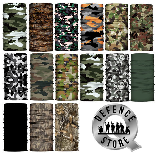 Various Camouflage Colours available for Face Bandana or Neck Gaiter. They are made from Microfiber Polyester which makes them very lightweight and very comfortable to wear. Because the material is so thin, it is very easy to breathe when you use as face cover.