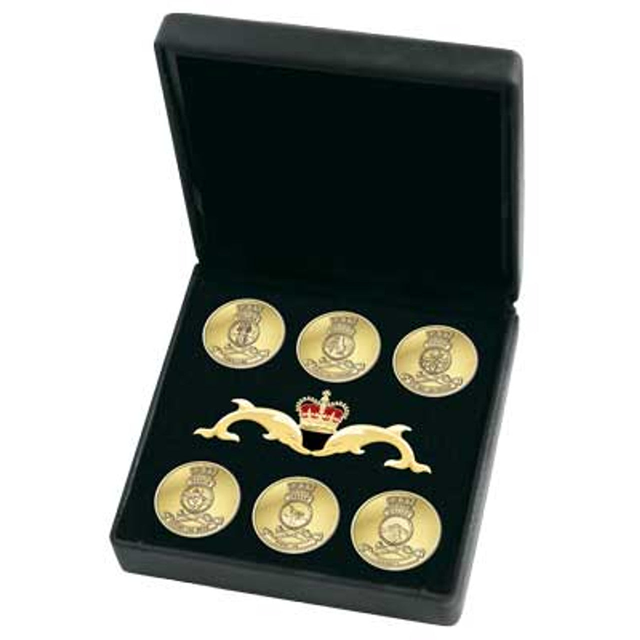 A stunning Collins Class Submarines Medallion Set, order now from the military specialists. This set includes six 40mm medallions presented in sandblasted gold finish with the ships badges of the  Collins Class Submarines: HMAS Collins, HMAS Dechaineux, HMAS Farncomb, HMAS Rankin, HMAS Sheean, HMAS Waller  Specifications:  Material: Sandblasted gold finish Colour: Brass Size: 40mm