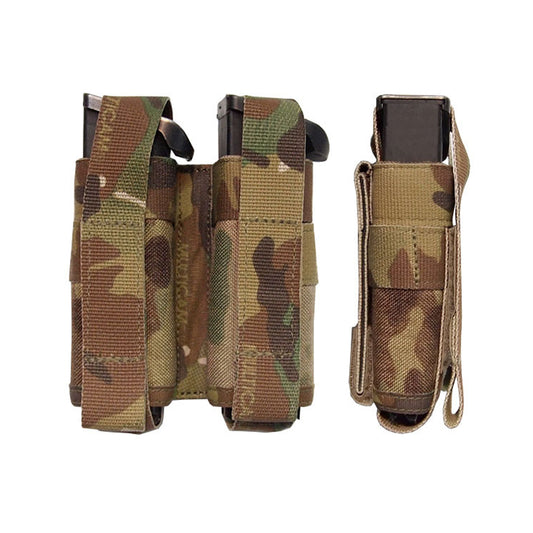 Will hold two double stack H&K USP 19 round 9mm magazines vertically side by side. Will also accommodate standard double stack magazines.  Velcro closure for quick and easy extraction. Velcro flap can be tucked in behind magazine for quicker magazine removal if required.  Requires two PALS columns for attachment. www.defenceqstore.com.au