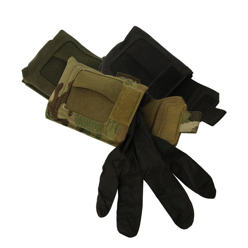      Overlapping elastic for quick access     Holds three to four pairs of gloves     Multiple carrying options: Molle, Belt, Carabiner     MOLLE compatible     Overall dimensions: 4"H x 3.5"W x .75"D     Available in:         Olive Drab          Black          Multicam