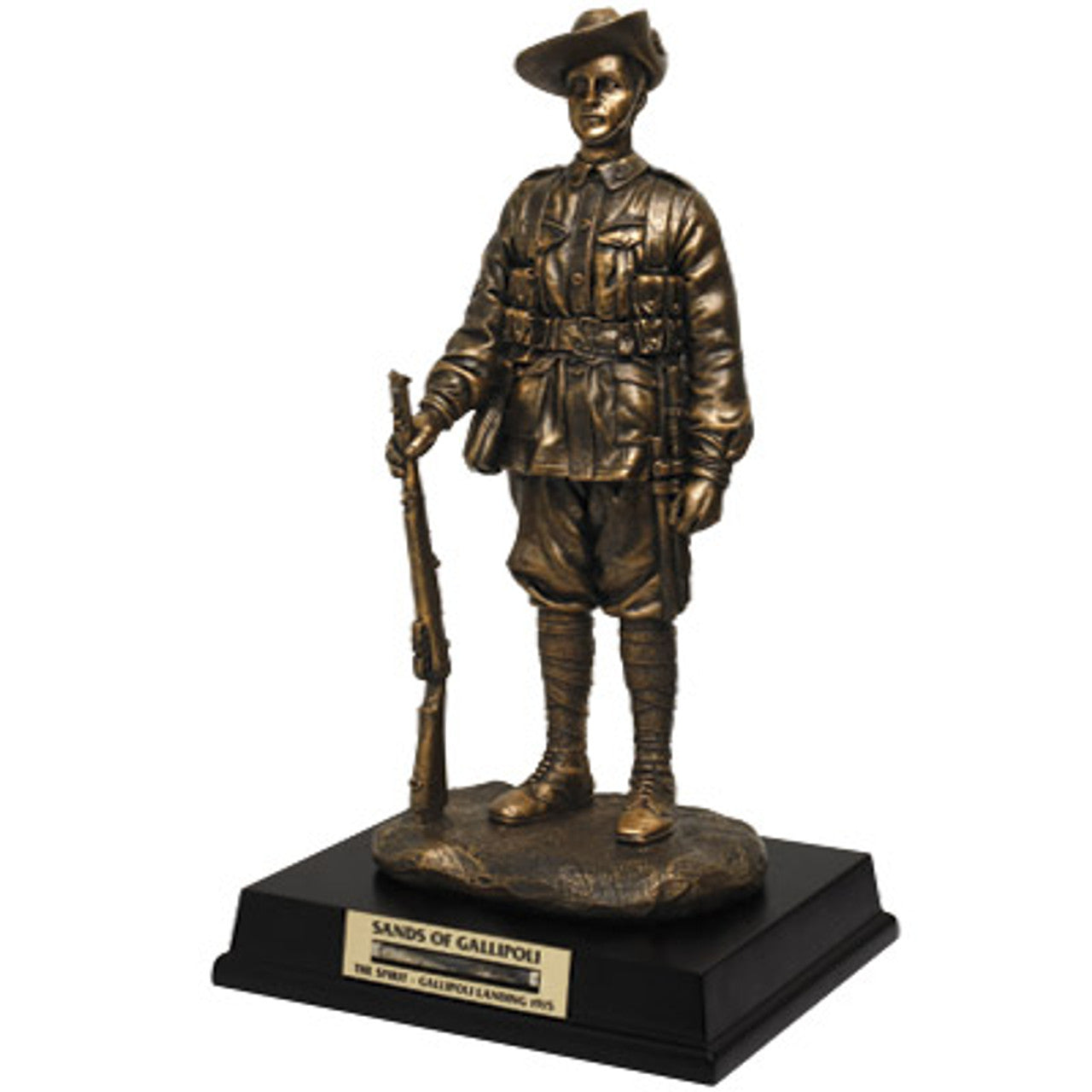 The stunning Sands of Gallipoli Digger Limited Edition Figurine features a glass vial of authentic Gallipoli sand set into the base. Limited to 5,000 units this cold cast bronze figurine is a tangible representation of the Anzac Spirit. The figurine is 240mm high.