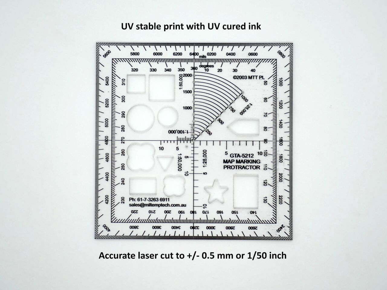 These protractors are digitally printed on the underside of 1.5mm thick plastic to avoid parallax error. They are then laser cut to an accuracy of +/- 0.25 mm.  Size: 120 x 120 x 1.5mm  Protractor: Degrees and Mils  6 Fig Roamers: 1:25,000 1:50,000 and 1:100,000