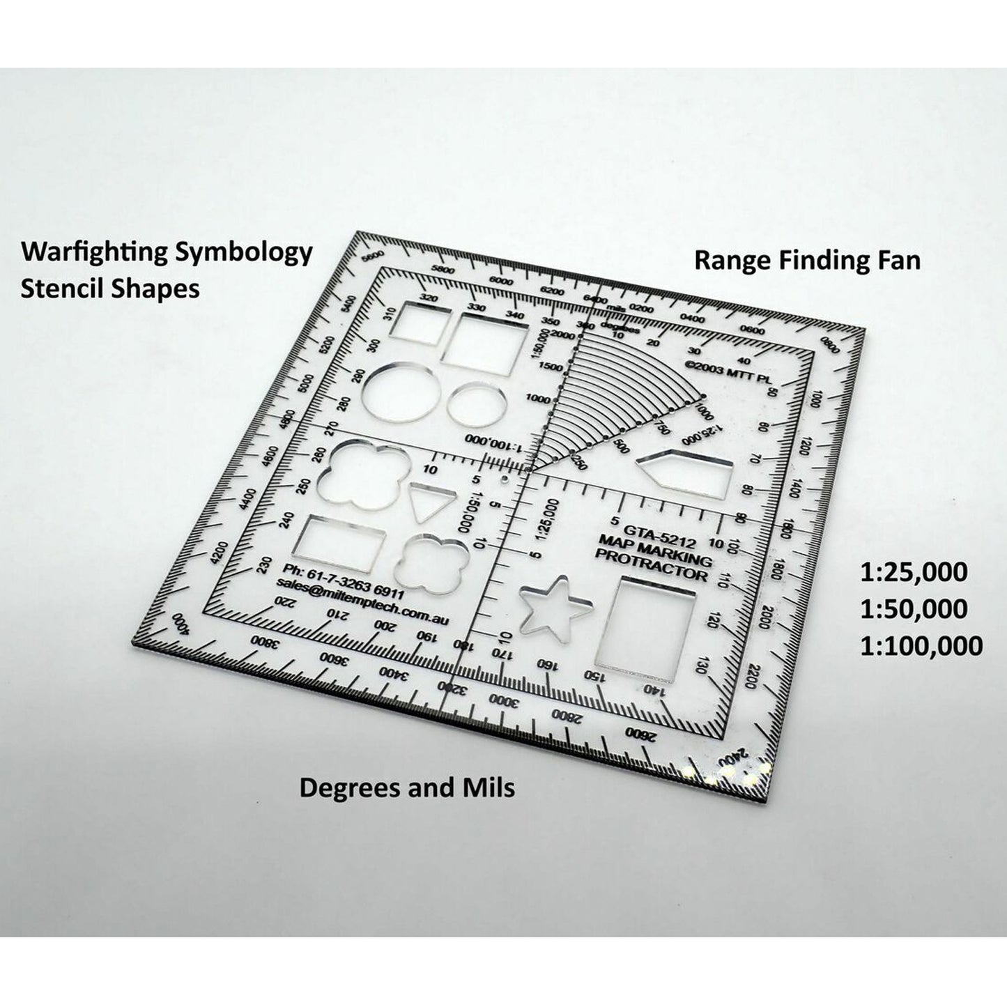 These protractors are digitally printed on the underside of 1.5mm thick plastic to avoid parallax error. They are then laser cut to an accuracy of +/- 0.25 mm.  Size: 120 x 120 x 1.5mm  Protractor: Degrees and Mils  6 Fig Roamers: 1:25,000 1:50,000 and 1:100,000