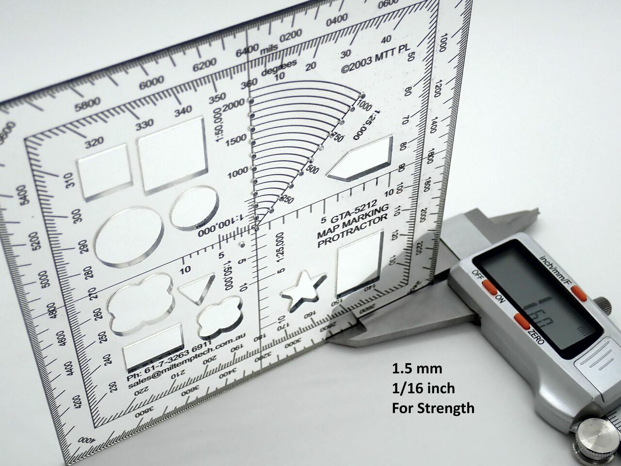 These protractors are digitally printed on the underside of 1.5mm thick plastic to avoid parallax error. They are then laser cut to an accuracy of +/- 0.25 mm.  Size: 120 x 120 x 1.5mm  Protractor: Degrees and Mils  6 Fig Roamers: 1:25,000 1:50,000 and 1:100,000