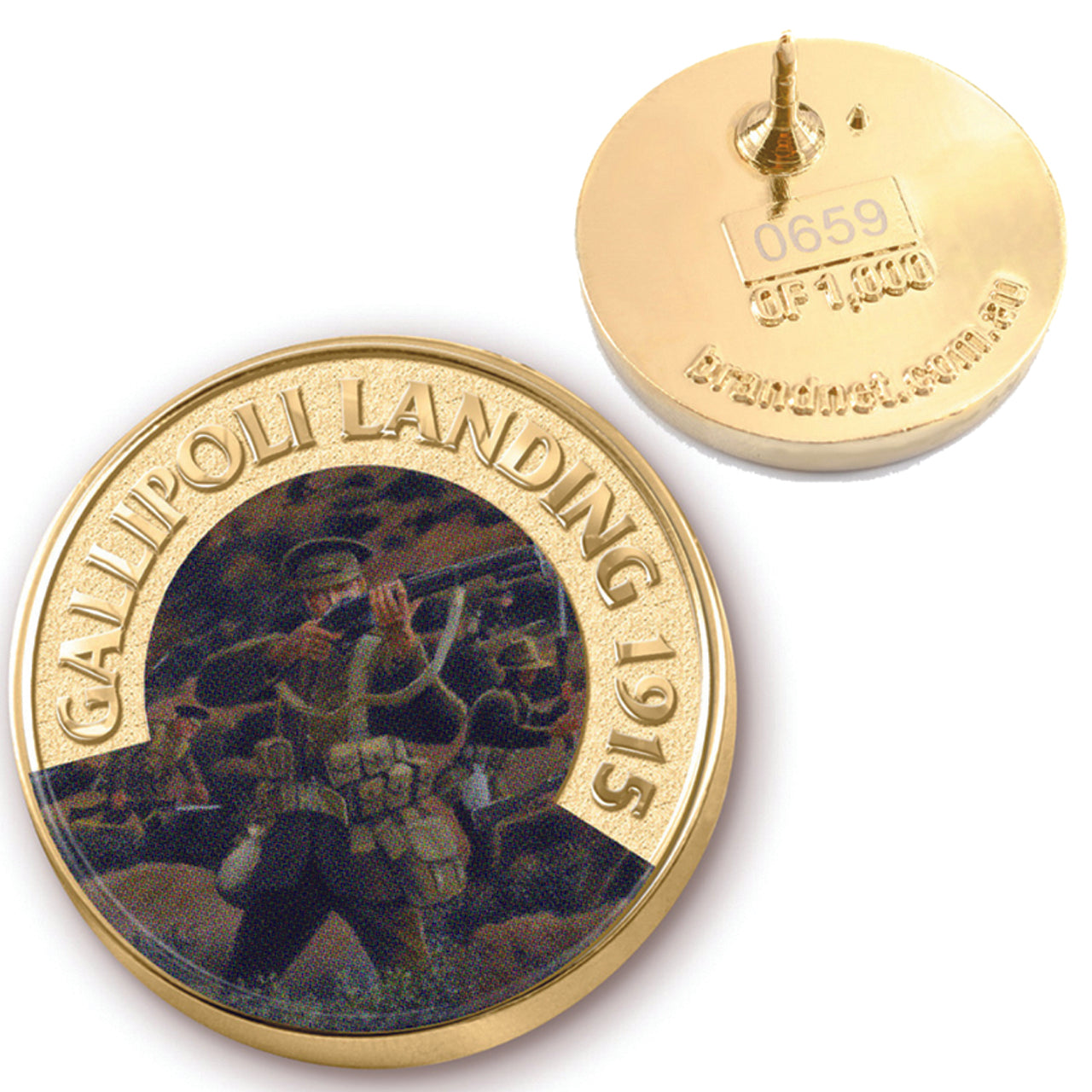 Featuring a stunningly detailed close up from renowned international artist David Rowlands' painstaking work The Spirit - Gallipoli Landing 1915, this poignant lapel pin captures one of the detailed characters from the work. A unique commemorative piece forming part of the Gallipoli 1915 Collection, this beautiful lapel pin brings you to the shores of Anzac Cove and into the heart of the action.