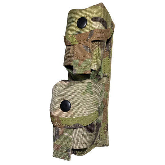 Holds two F1 hand grenades stacked one on-top of the other in foam padded pouches similar to the issued ones.  Velcro and press stud closure for added security. Works best when top F1 is removed first to clear the way for the second.  Maintain uniformity on your rig and don't compromise on quality!  Requires two PALS columns for attachment.   NSN 8465-66-158-4358 www.defenceqstore.com.au