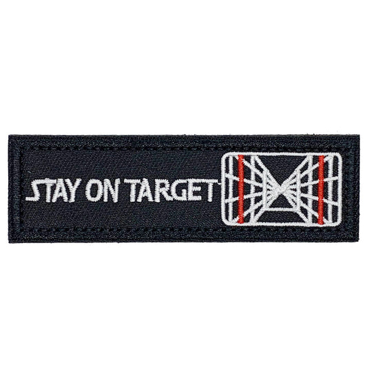 Stay On Target Patch Hook & Loop.   Size: 10x3.2cm  HOOK AND LOOP BACKED PATCH(BOTH PROVIDED) www.defenceqstore.com.au