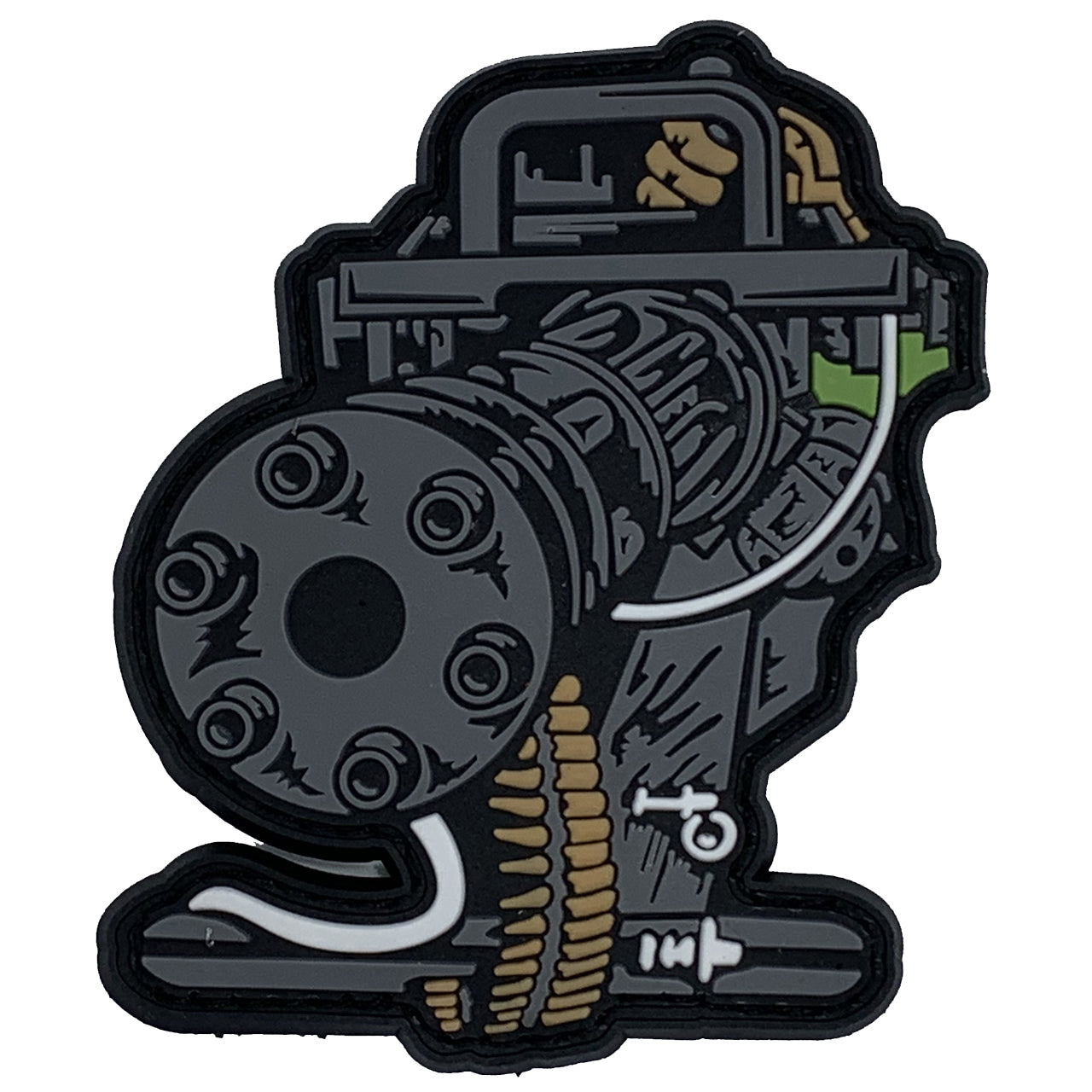 Gatling Gun PVC Patch, Velcro backed Badge. Great for attaching to your field gear, jackets, shirts, pants, jeans, hats or even create your own patch board.  Size: 8.5x7cm www.defenceqstore.com.au