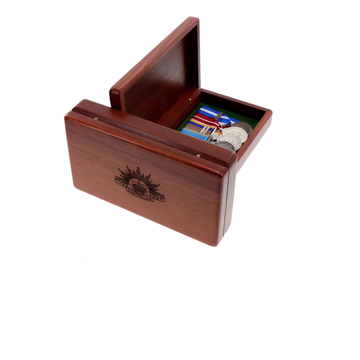 Beautiful Jarrah medal box with room for up to 10 court mounted medals. Laser engraved on the lid with the Army Rising Sun  This box is perfect for keeping those family medals or other heirlooms safe and sound when not on parade.   Jarrah is a unique Australian hardwood renowned for its versatility. Its durability and strength make it an ideal timber for a range of applications.  Inner box measurements: Length - 21cm Width - 11.5cm Height - 1cm