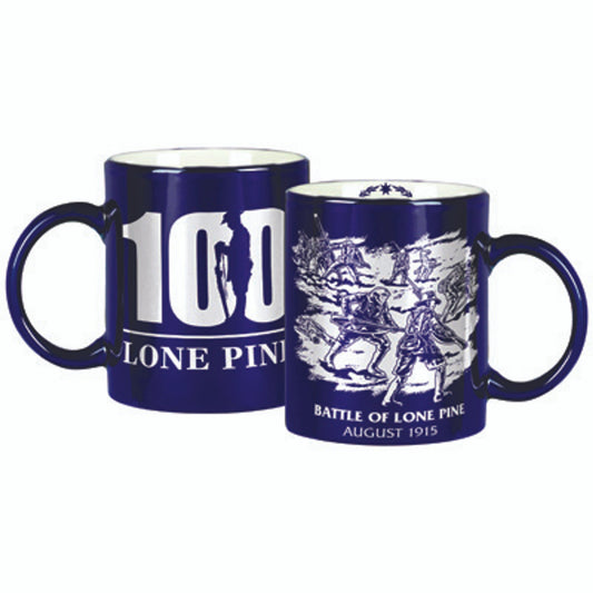 Lone Pine Centenary Coffee Mug order now from the military specialists. D. H. Harrison's 'The Battle of Lone Pine' adorns this superb rich blue coffee mug. The amazing detail depicts the 1st Brigade's charge at 5:30 p.m. on 6 August 1915 and their assault on the log cove