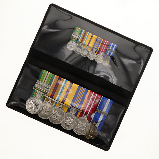 Fits up to 7 Full size medals  Measurement's of plastic lining  Width: 23cm  Height: 10cm 