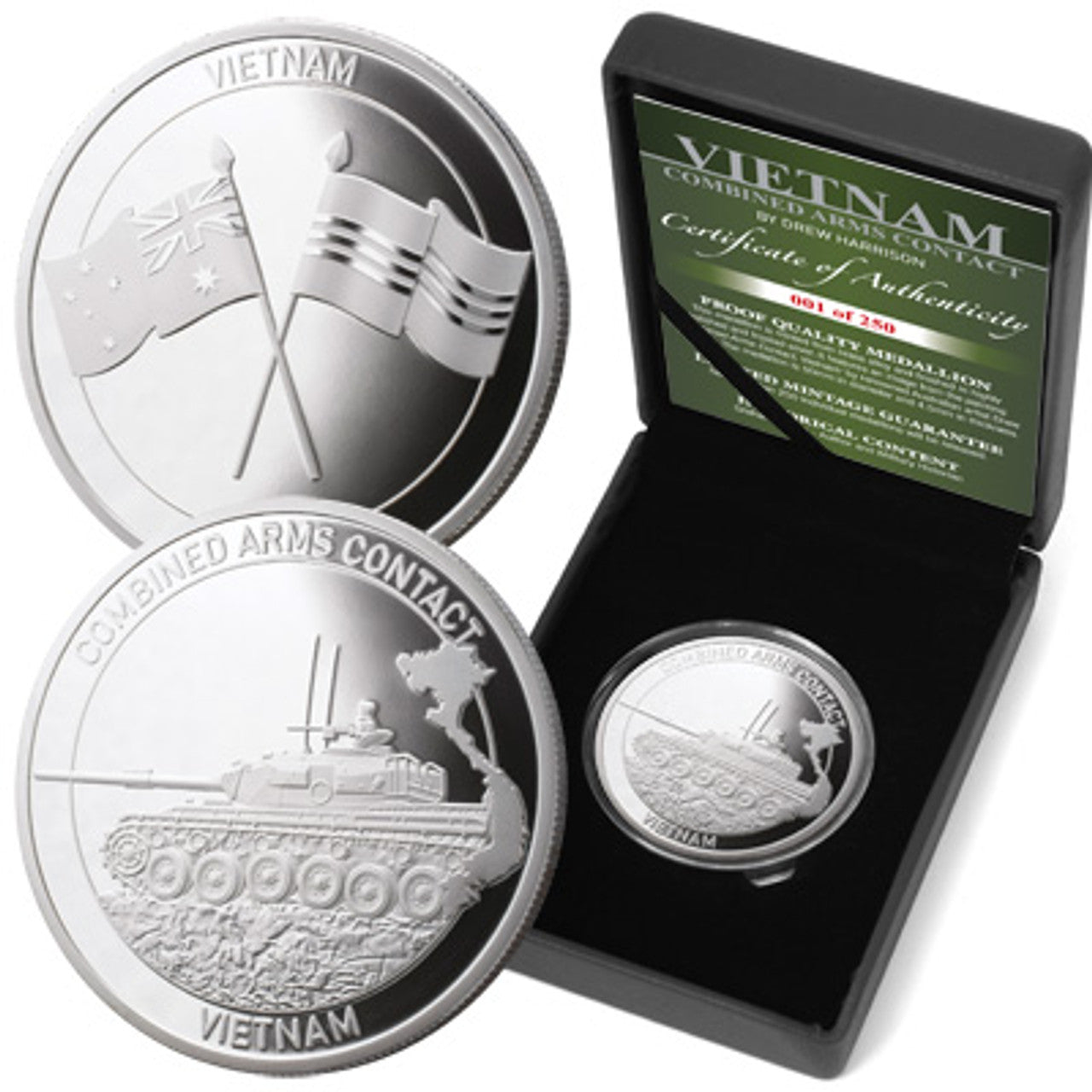 The stunning Vietnam 1969 Combined Arms Contact Limited Edition Medallion-Centurion in the Fight. The Vietnam 2013 Proof Medallions are ideal for collectors or for those seeking a special gift. Each medallion captures aspects of Harrison's painting of the Royal Australian Regiment, the 1st Armoured Regiment, the 3rd Cavalry Regiment and Air Force Hueys in a combined arms engagement to tell the story of the fight.