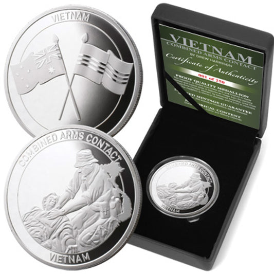 The stunning Vietnam 1969 Combined Arms Contact Limited Edition Medallion-Saving Life Under Fire. The Vietnam 2013 Proof Medallions are ideal for collectors or for those seeking a special gift. Each medallion captures aspects of Harrison's painting of the Royal Australian Regiment, the 1st Armoured Regiment, the 3rd Cavalry Regiment and Air Force Hueys in a combined arms engagement to tell the story of the fight.