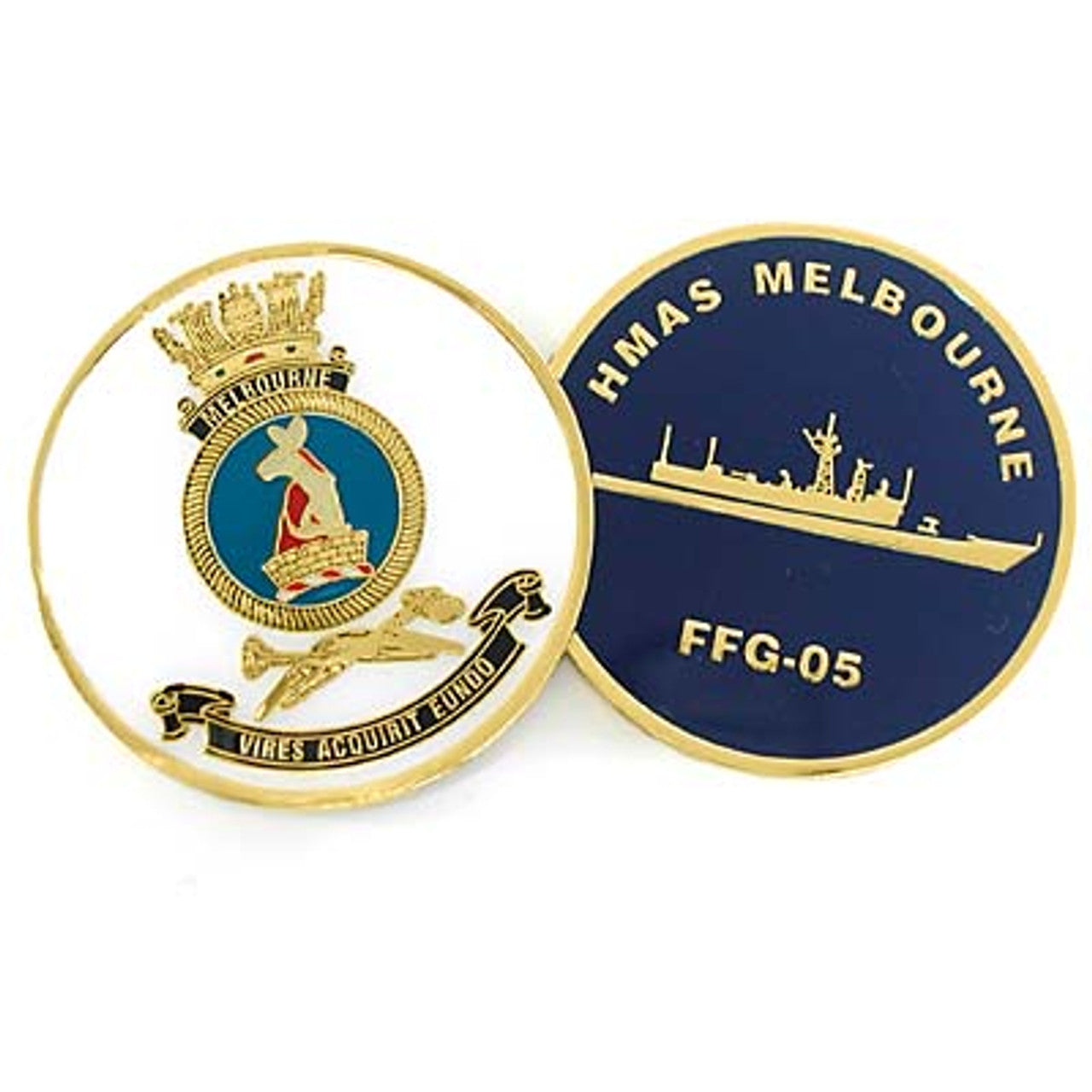 HMAS Melbourne medallion. This spectacular 48mm full colour enamel medallion with the ships crest on the front and ships profile on the reverse, will start conversations wherever you show it or hand it out.