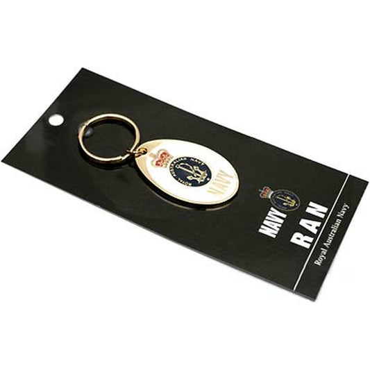 Navy key ring. Displayed on a presentation card. This beautiful 40mm gold plated enamel key ring will keep your keys organised and start conversations.