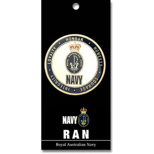 Navy medallion. Displayed on a presentation card. This spectacular 48mm full colour enamel medallion will start conversations wherever you show it or hand it out.