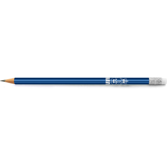 Navy branded HB pencil with an eraser. Perfect promotional gift item for school visits and events