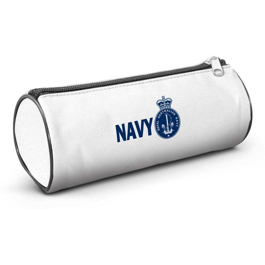 Navy branded large round pencil case manufactured from 600D polyester and comes with a foam padded inner lining and a zippered closure. Great promotional gift for for anyone who carries stationery. Dimensions L 192mm x Dia 84mm. www.defenceqstore.com.au