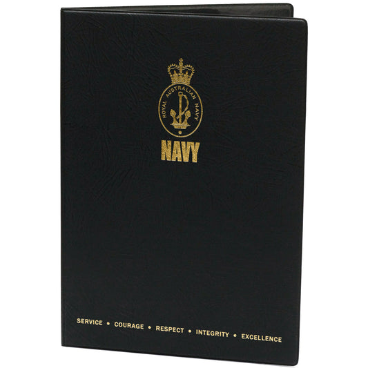Black heavy grain leather look certificate folder with two plastic pockets on the inside cover  Navy logo on the front cover  BULK PRICING AVAILABLE  MENTION IN THE COMMENTS IN THE CHECKOUT SECTION THAT YOU ARE A CADET AND WE WILL THROW IN A FREE GIFT FOR ORDERS OVER $50