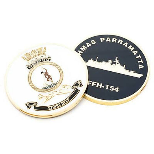 HMAS Parramatta medallion.  This spectacular 48mm full colour enamel medallion with the ships crest on the front and ships profile on the revers, will start conversations wherever you show it or hand it out.