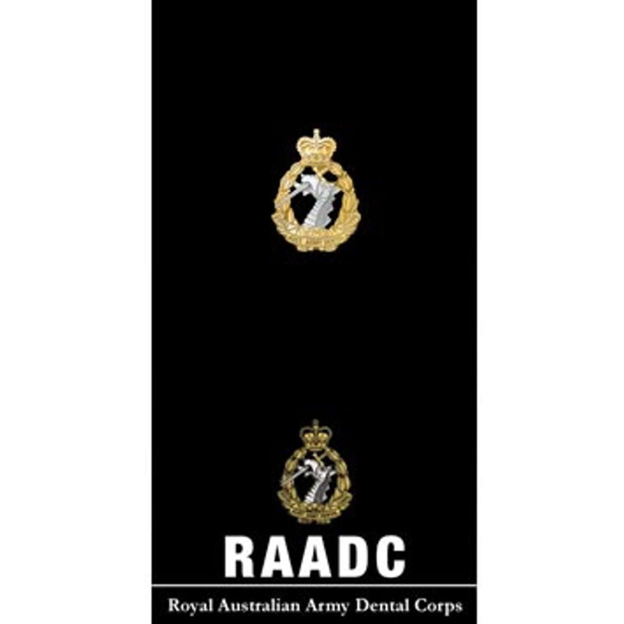 Order the Royal Australian Army Dental Corps (RAADC) 20mm full-colour enamel lapel pin now from the military specialists. Displayed on a presentation card, this beautiful gold-plated lapel pin looks great on both jackets or caps. Add this lapel pin to your collection today.  Specifications:  Material: Full-colour enamel, gold-plated zinc alloy Colour: Black, gold, silver Size: 20mm www.defenceqstore.com.au