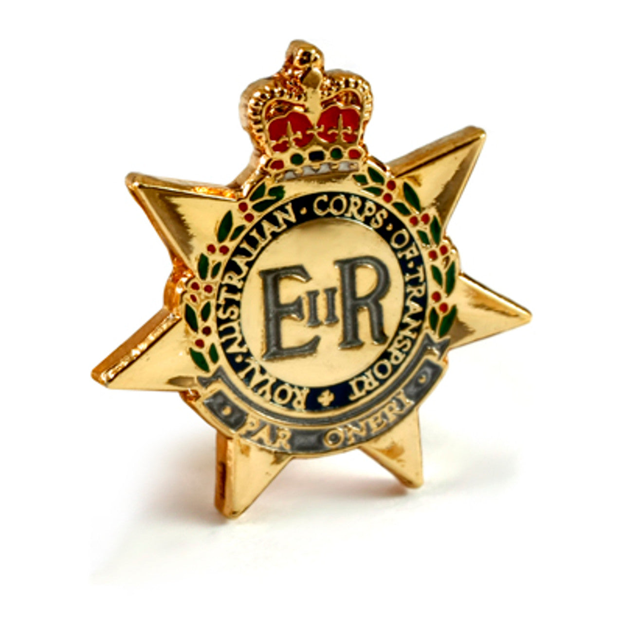 The Royal Australian Corps of Transport (RACT) 20mm full-colour enamel lapel pin. Displayed on a presentation card. This beautiful gold-plated lapel pin will look great on both your jacket and your cap.  Specifications:  Material: Gold-plated zinc alloy, enamel fill Colour: Gold, black, red Size: 20mm www.defenceqstore.com.au