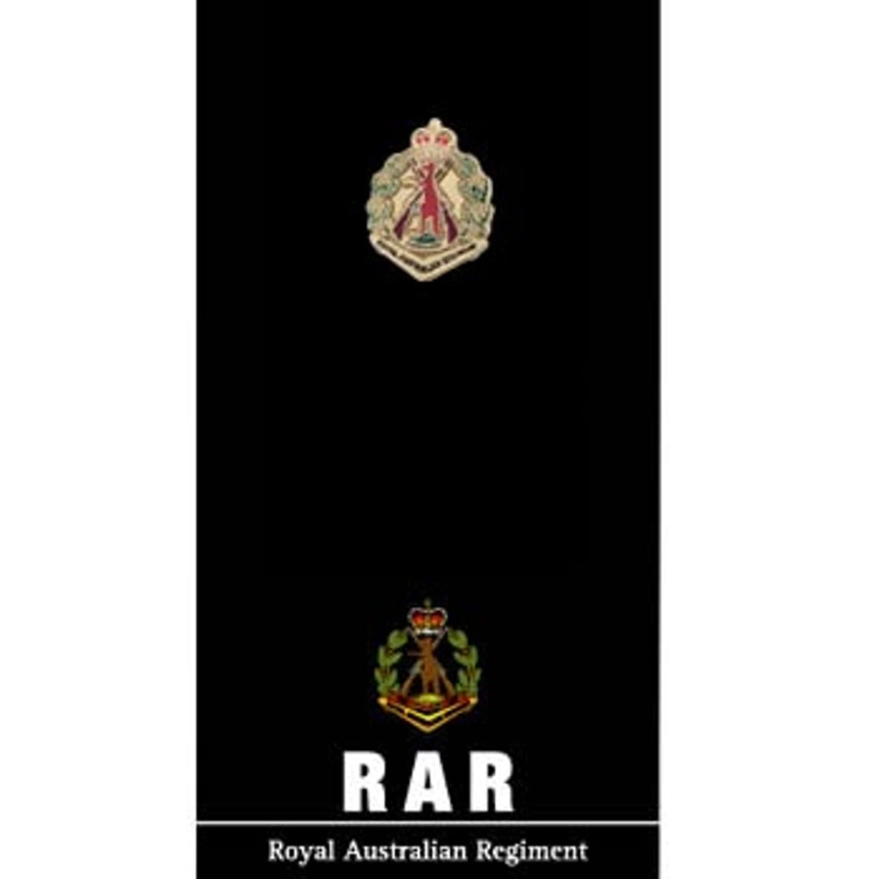 The Royal Australian Regiment (RAR) 20mm full-colour enamel lapel pin. Displayed on a presentation card. This beautiful gold-plated lapel pin will look great on both your jacket and your cap.  Specifications:      Material: Gold-plated zinc alloy, enamel fill     Colour: Gold, green, red, brown     Size: 20mm www.defenceqstore.com.au