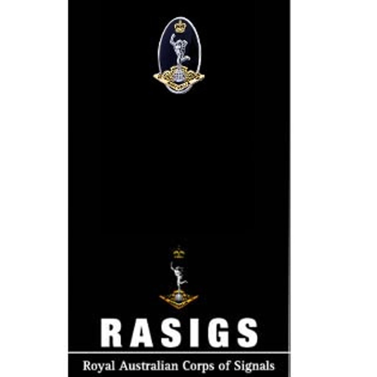 The Royal Australian Corps of Signals (RASigs) 20mm full-colour enamel lapel pin. Displayed on a presentation card. This beautiful gold-plated lapel pin will look great on both your jacket and your cap.  Specifications:  Material: Gold-plated zinc alloy, enamel fill Colour: Black, gold Size: 20mm www.defenceqstore.com.au