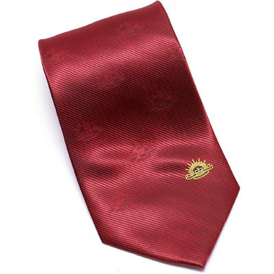 Stylish red Army Polyester Tie. This beautiful polyester tie has the Army Rising Sun woven through the tie and has a gold Rising Sun on the tip of the tie for that extra display.  www.defenceqstore.com.au