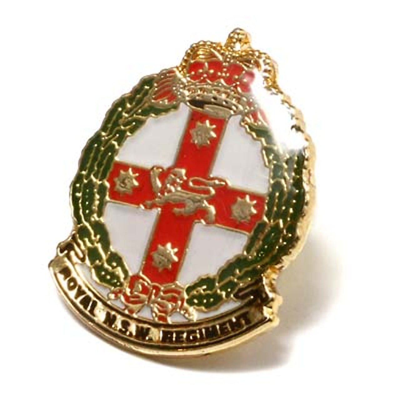 The Royal New South Wales Regiment (RNSWR) 20mm full-colour enamel lapel pin. This beautiful gold-plated lapel pin will look great on both your jacket and your cap.   Specifications:  Material: Gold-plated zinc alloy, enamel overlay Colour: Red, white, green, gold Size: 20mm www.defenceqstore.com.au