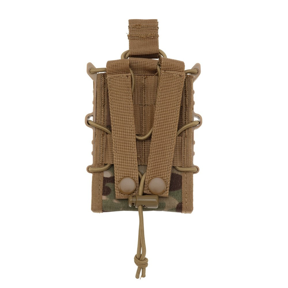 VALHALLA's RAPTOR Single 5.56 Mag Pouch will hold one 30 round F88/M16 style 5.56 magazine. The open top design includes a bungee retention strap to allow for silent removal of your magazine. The pouch also features lazer cut MOLLE on the front allowing the user to stack other modular pouches on top of it, as well as the ability to securely carry a standard size pistol.  Attaches to any MOLLE/PALS style rig.