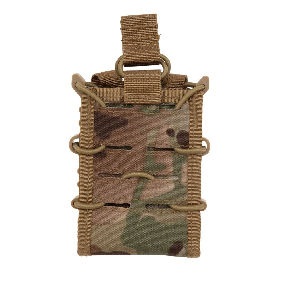 VALHALLA's RAPTOR Single 5.56 Mag Pouch will hold one 30 round F88/M16 style 5.56 magazine. The open top design includes a bungee retention strap to allow for silent removal of your magazine. The pouch also features lazer cut MOLLE on the front allowing the user to stack other modular pouches on top of it, as well as the ability to securely carry a standard size pistol.  Attaches to any MOLLE/PALS style rig.