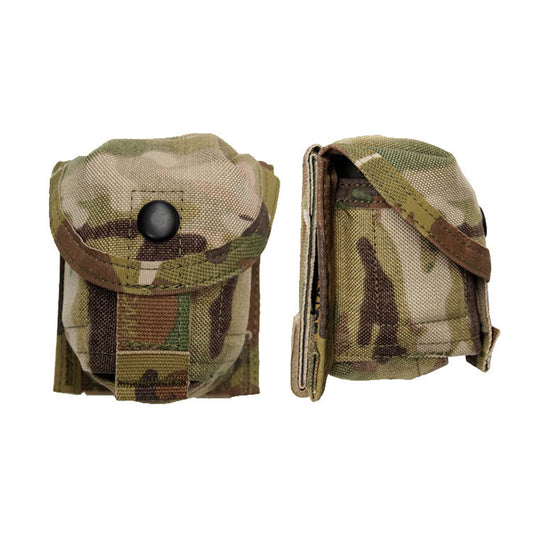 Will hold one F1 grenade and closes with a single press stud and velcro for enhanced security.  Fits well on the outer wall of a 100RD or 200RD pouch.   Dimensions: 90mm Wide X 100mm Tall X 50mm Deep.   Requires two PALS columns.   NSN 8465-66-158-4356 www.defenceqstore.com.au