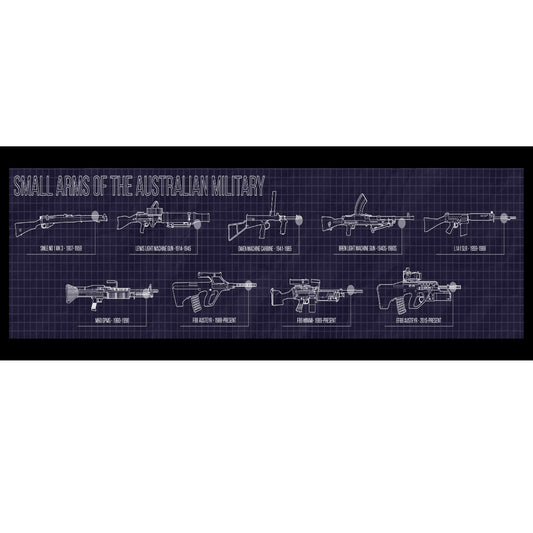 This bar runner depicts schematics for nine iconic weapons that have seen service with the Australian military. It shows the SMLE No.1 Mk III, Bren Light Machine Gun, F88 Austeyr, Lewis Light Machine Gun, L1A1 Self Loading Rifle, F89 Minimi, Owen Machine Carbine, M60 General Purpose Machine Gun and the Enhanced F88 Austeyr. Measures 890x250m with rubber backing. www.defenceqstore.com.au