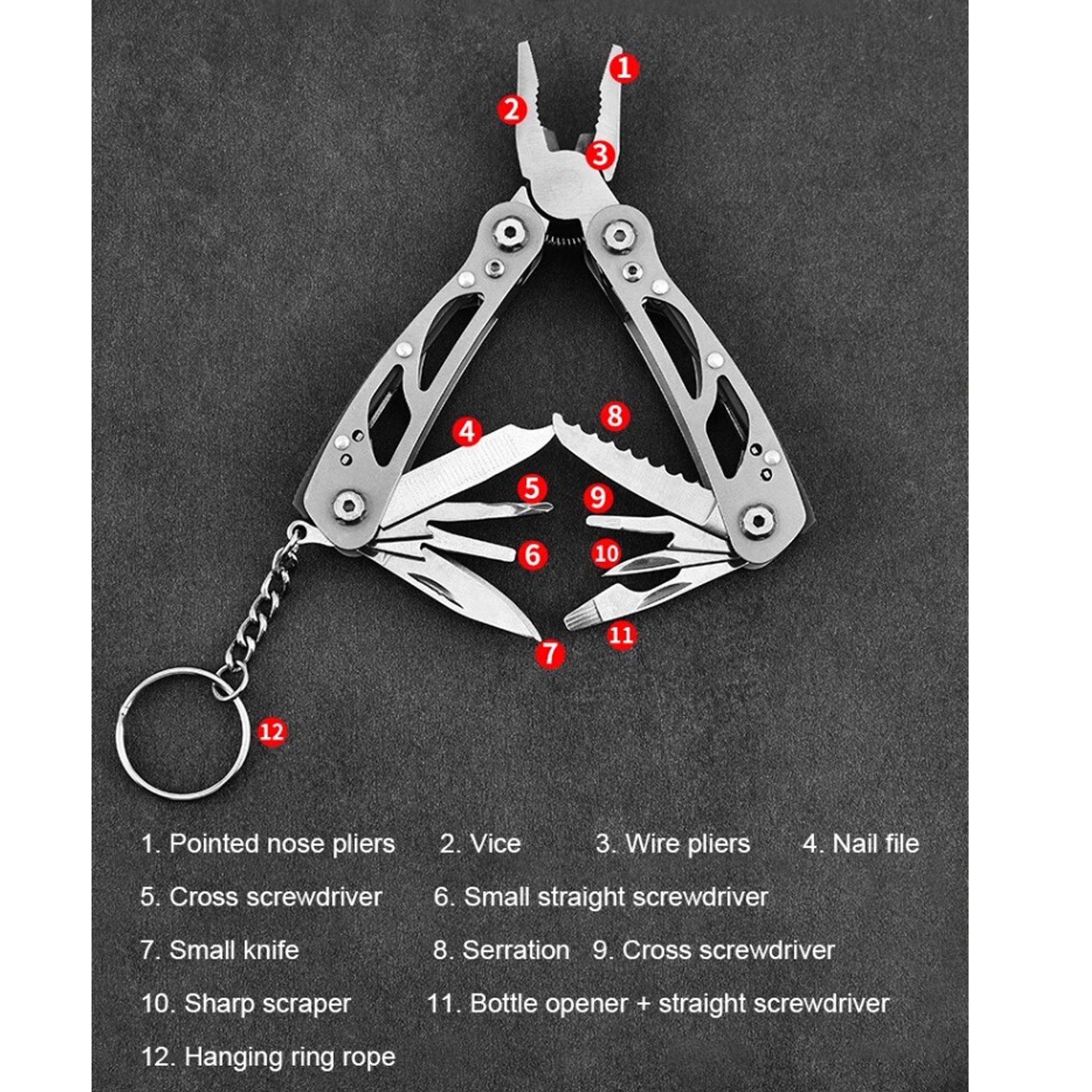 12 tools: pliers, wire cutters, large knife, small knife, cross & straight screwdriver, bottle opener, serration, vice, sharp scraper, nail file and Key ring. Compact folding design Pouch has belt loop www.defenceqstore.com.au