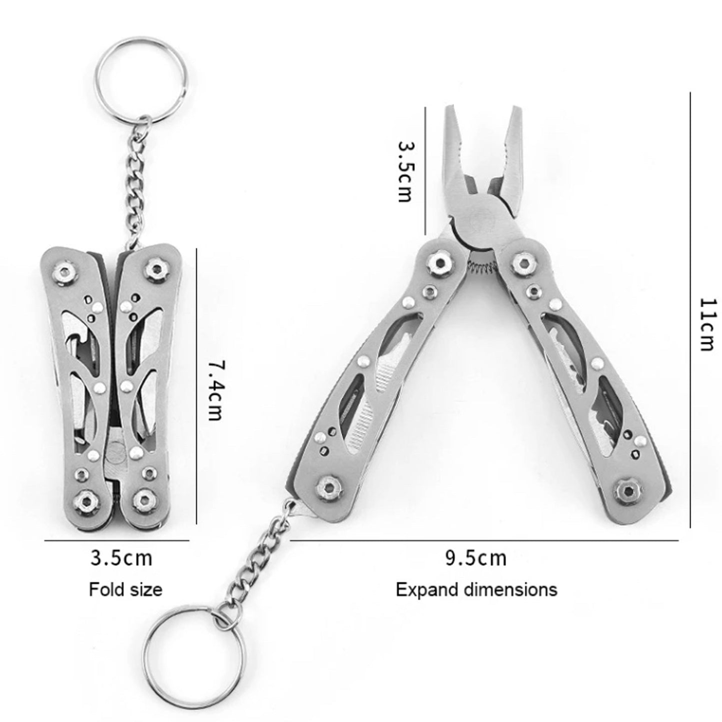 12 tools: pliers, wire cutters, large knife, small knife, cross & straight screwdriver, bottle opener, serration, vice, sharp scraper, nail file and Key ring. Compact folding design Pouch has belt loop www.defenceqstore.com.au