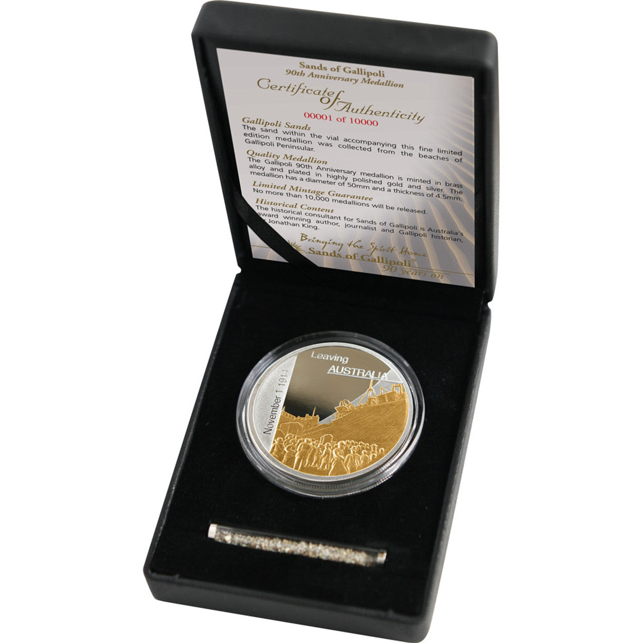 The Stunning Sands of Gallipoli 2005 release Leaving Australia Limited Edition Medallion. As the first troops of the newly formed Australian Imperial Force set sail for war on November 1st 1914 they did so with a selfless instinct to help "the Mother country". www.defenceqstore.com.au