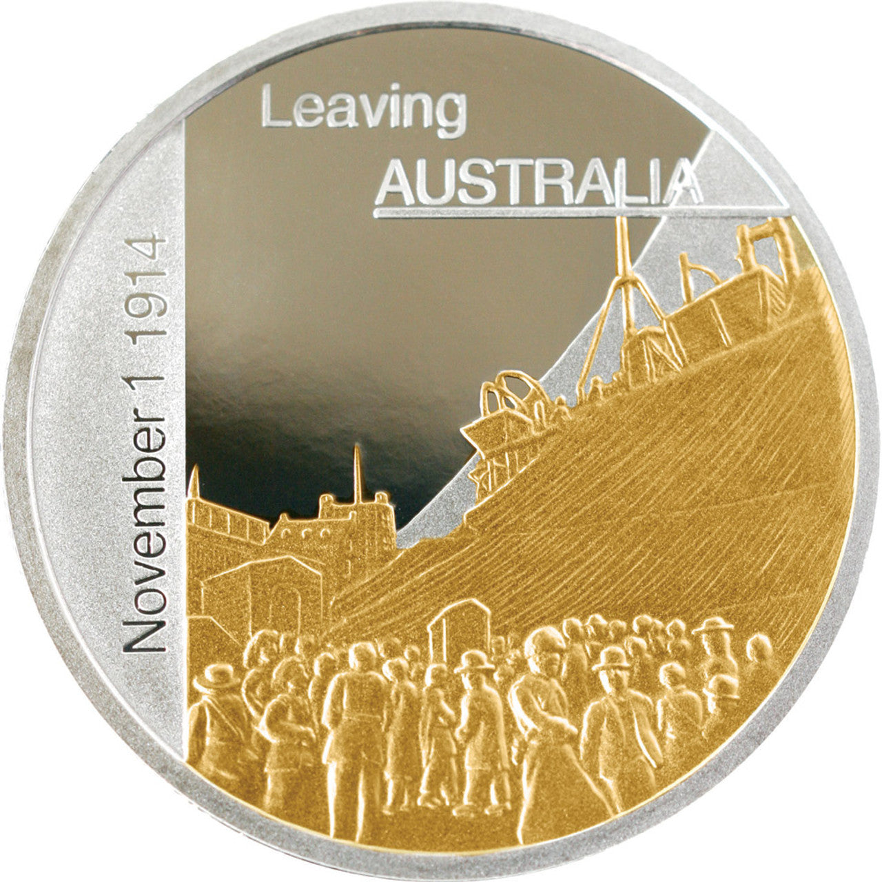 The Stunning Sands of Gallipoli 2005 release Leaving Australia Limited Edition Medallion. As the first troops of the newly formed Australian Imperial Force set sail for war on November 1st 1914 they did so with a selfless instinct to help "the Mother country". www.defenceqstore.com.au