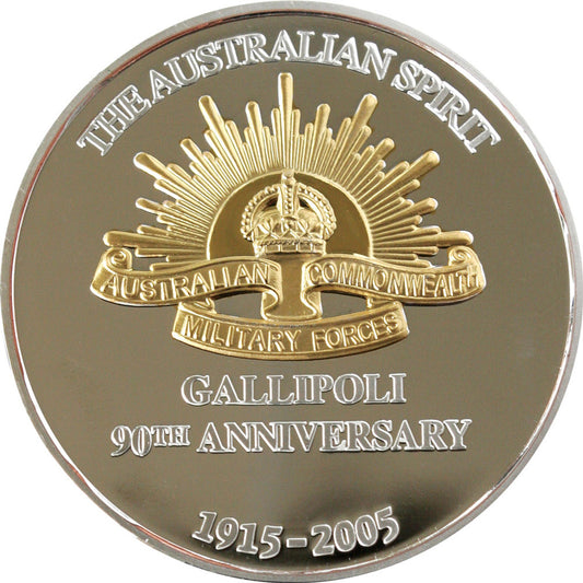 The Stunning Sands of Gallipoli 2005 release Leaving Australia Limited Edition Medallion. As the first troops of the newly formed Australian Imperial Force set sail for war on November 1st 1914 they did so with a selfless instinct to help "the Mother country". www.defenceqstore.com.au