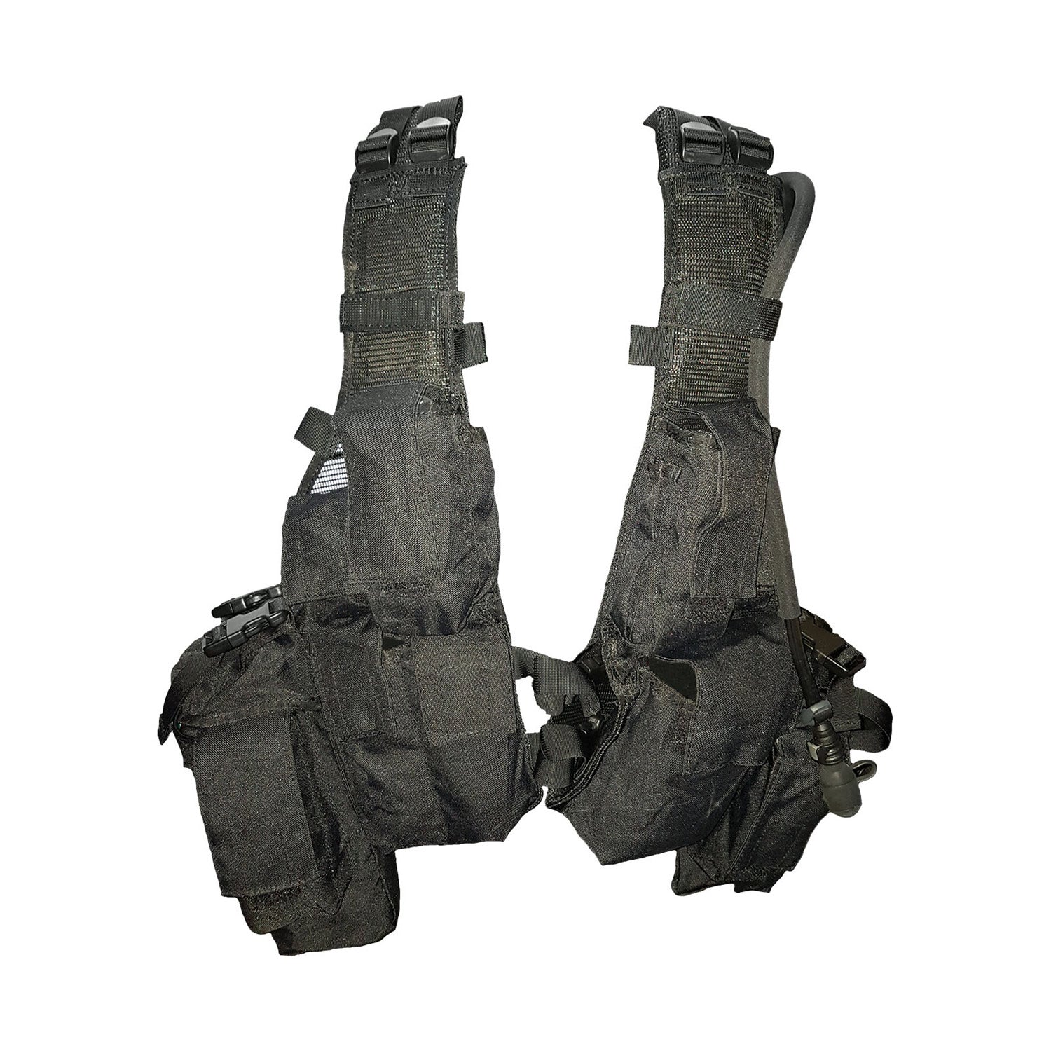 Based on the South African Military Vest  Fully adjustable shoulders  Multiple pockets  Hydration bladder pouch  Multiple ammunition pouches  Heavy duty 900D coats PU fabric  Weight: 1.45kg