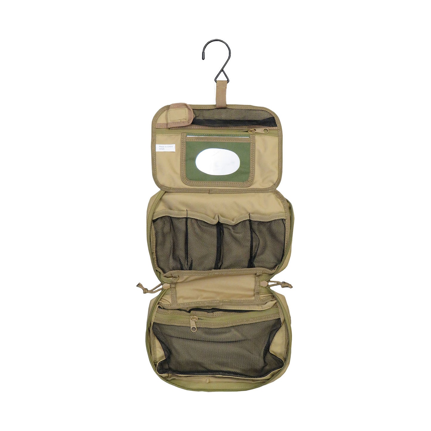 Great for military, cadets, camping and hiking to keep all your personal hygiene requirements together in one pouch  It folds up into a small pouch for travel and storage and can be hung vertically on a tree branch or hootchie cord when in the field so this way you can use the mirror when shaving or putting camo paint on.