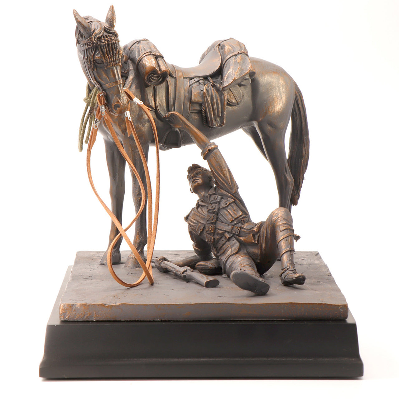 This limited edition cold cast bronze figurine honours and showcases the unbreakable bonds of the Australian Light Horsemen and their Waler mounts. Depicting an incredible scene, this beautifully detailed full-size figurine shows a mount patiently waiting for his injured rider to remount. A moving display of loyalty and companionship amongst the chaos of conflict. This stunning full-size figurine features amazing details bringing to life this incredible bond. www.defenceqstore.com.au