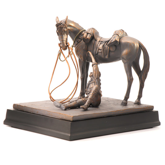 This limited edition cold cast bronze figurine honours and showcases the unbreakable bonds of the Australian Light Horsemen and their Waler mounts. Depicting an incredible scene, this beautifully detailed full-size figurine shows a mount patiently waiting for his injured rider to remount. A moving display of loyalty and companionship amongst the chaos of conflict. This stunning full-size figurine features amazing details bringing to life this incredible bond. www.defenceqstore.com.au