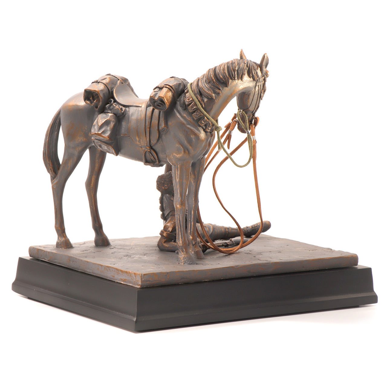 This limited edition cold cast bronze figurine honours and showcases the unbreakable bonds of the Australian Light Horsemen and their Waler mounts. Depicting an incredible scene, this beautifully detailed full-size figurine shows a mount patiently waiting for his injured rider to remount. A moving display of loyalty and companionship amongst the chaos of conflict. This stunning full-size figurine features amazing details bringing to life this incredible bond. www.defenceqstore.com.au