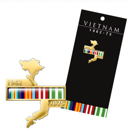 The exceptional Vietnam Map Lapel Pin On Card. This stunning new Vietnam collection for 2011 features two iconic designs, the image of the Australian Vietnam Forces National Memorial in Canberra with the words that are inscribed on the memorial, and a map of Vietnam combined with the ribbons of the Vietnam campaign medals. www.defenceqstore.com.au