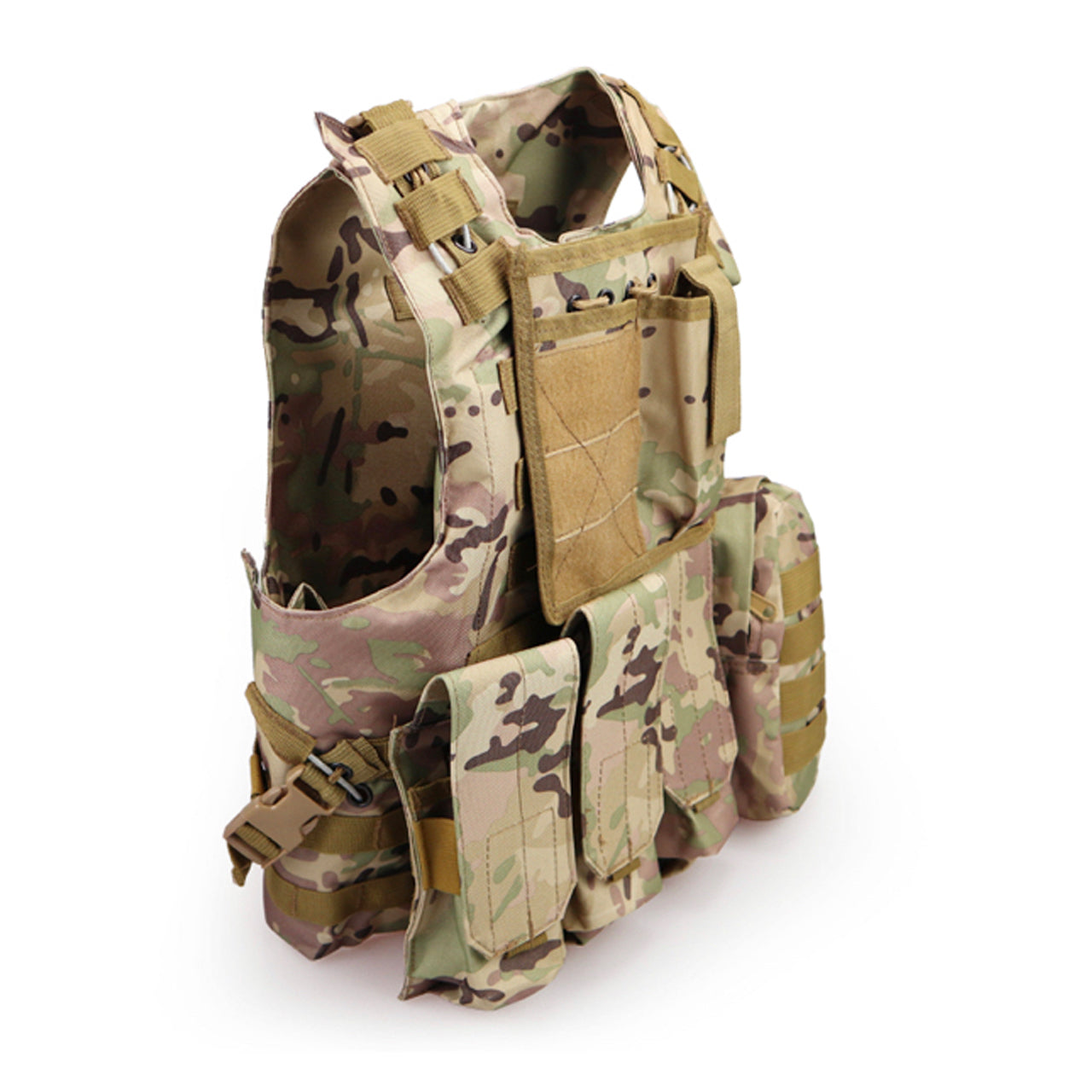 Army Tactical Vest Lightweight Loadout High quality 600D oxford material Front and back MOLLE design, x3 magazine pouch can be adopted to suit your assault style. Top tactical pouch is good for carrying small torch or multi-tool and you can attach patches. Small side pouch for carrying essential items. Adjustable waist and shoulder straps makes this a fast throw on vest. Great for Military, cadets, airsoft and other outdoor activities www.defenceqstore.com.au